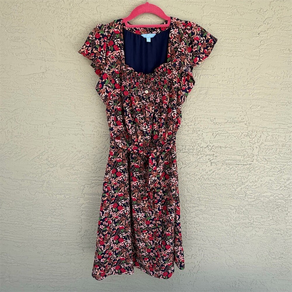Draper James Dress Womens M Navy Blue Pink Floral Midi Fit & Flare Ruffle